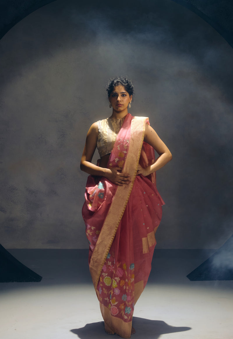 Dusty Pink Banarasi Organza Sari