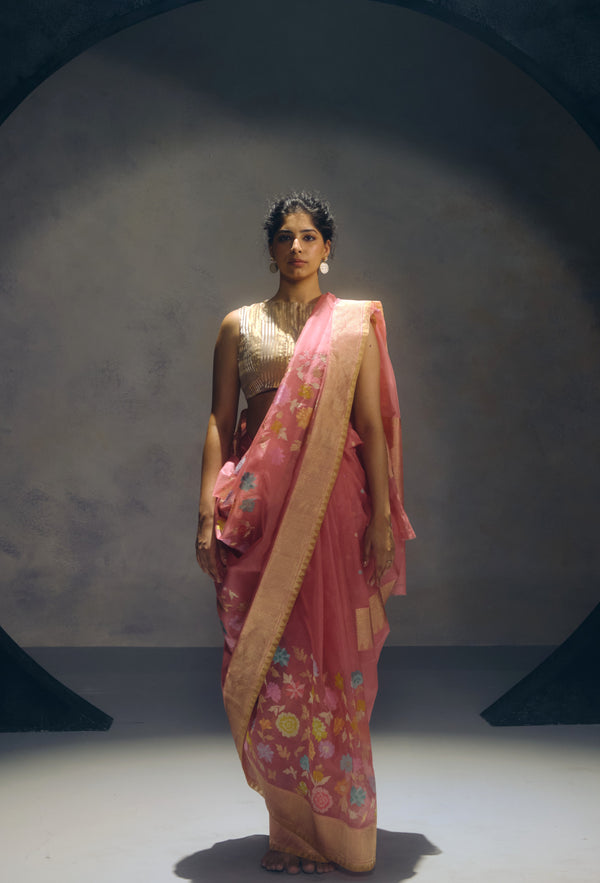 Dusty Pink Banarasi Organza Sari