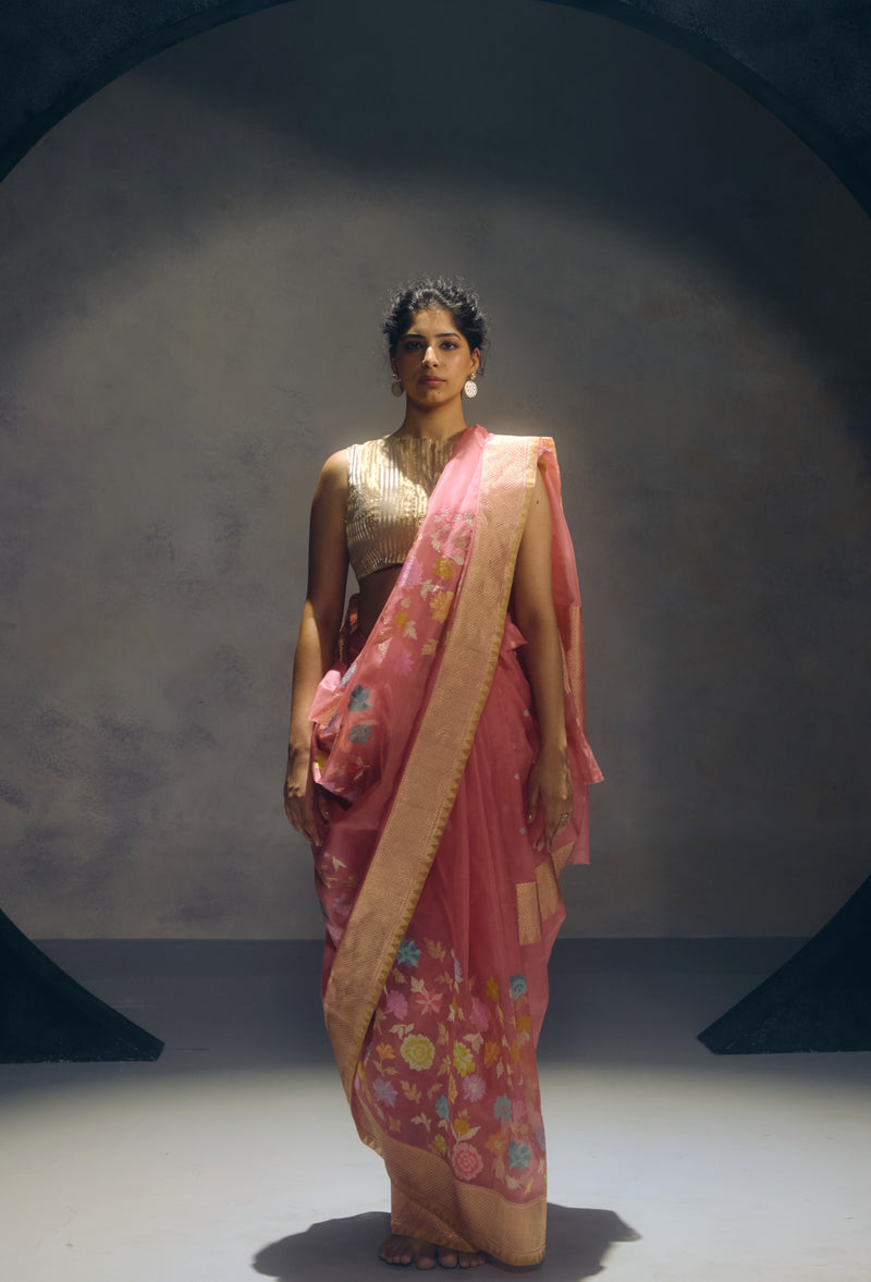 Dusty Pink Banarasi Organza Sari