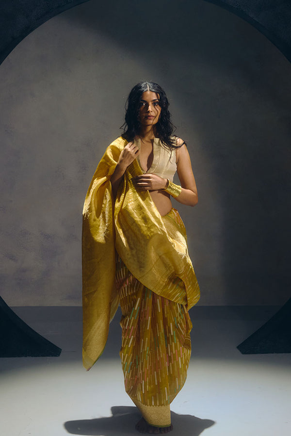 Yellow Banarasi Organza Sari
