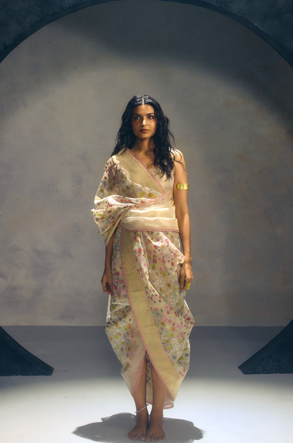 Real Zari Off White Banarasi Organza Sari