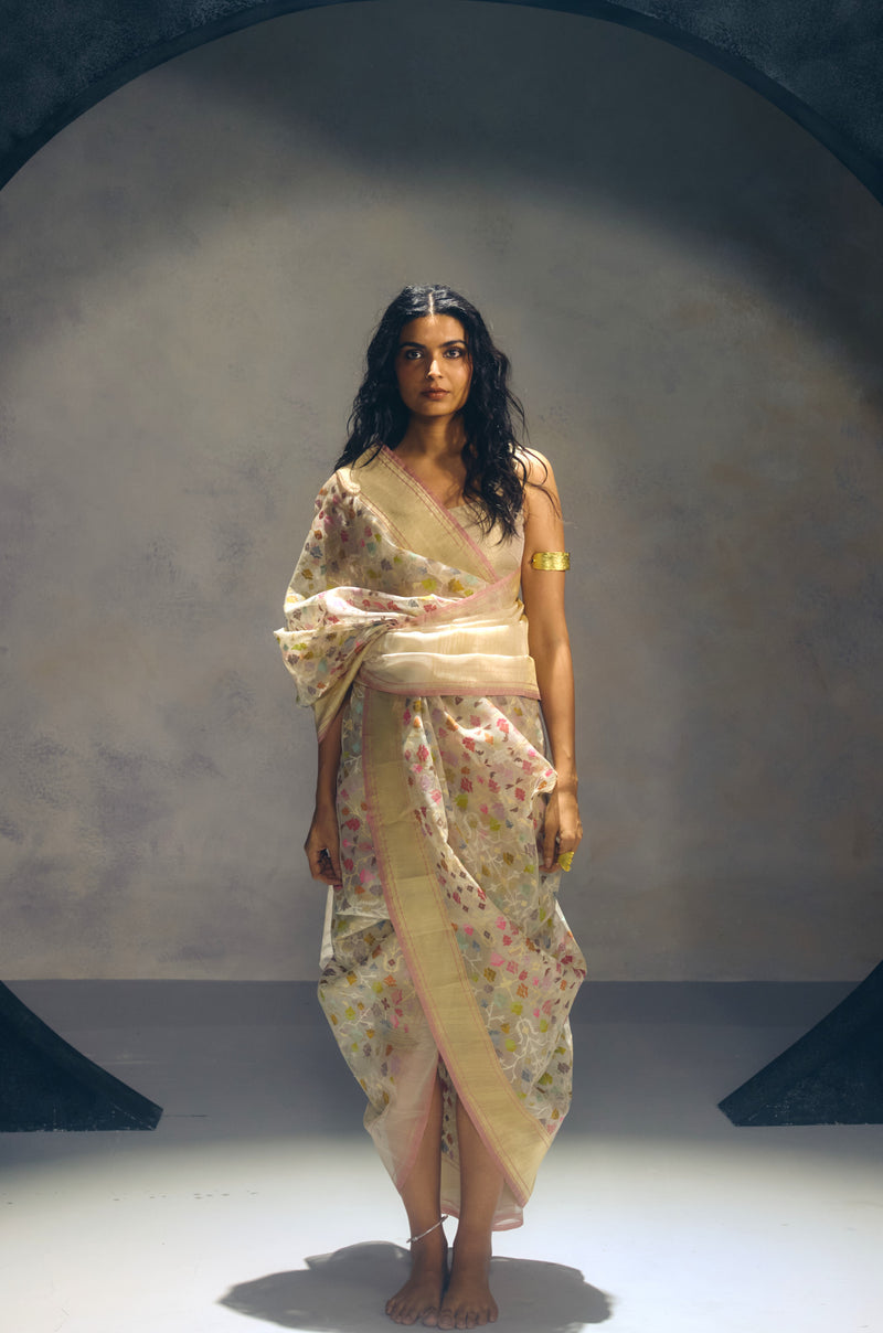 Real Zari Off White Banarasi Organza Sari