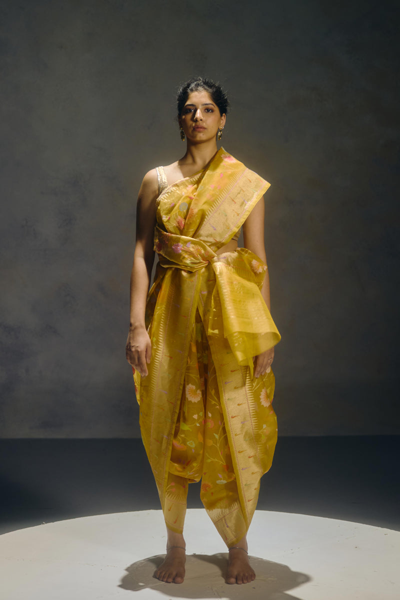 Real Zari Mustard Banarasi Organza Sari