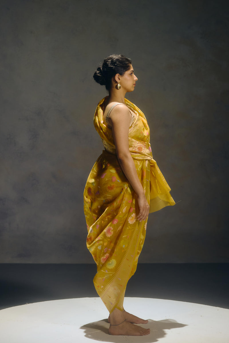 Real Zari Mustard Banarasi Organza Sari