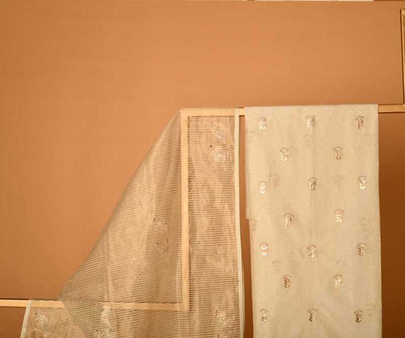 Offwhite Chanderi Cotton, Gota Patti Unstitched Suit set