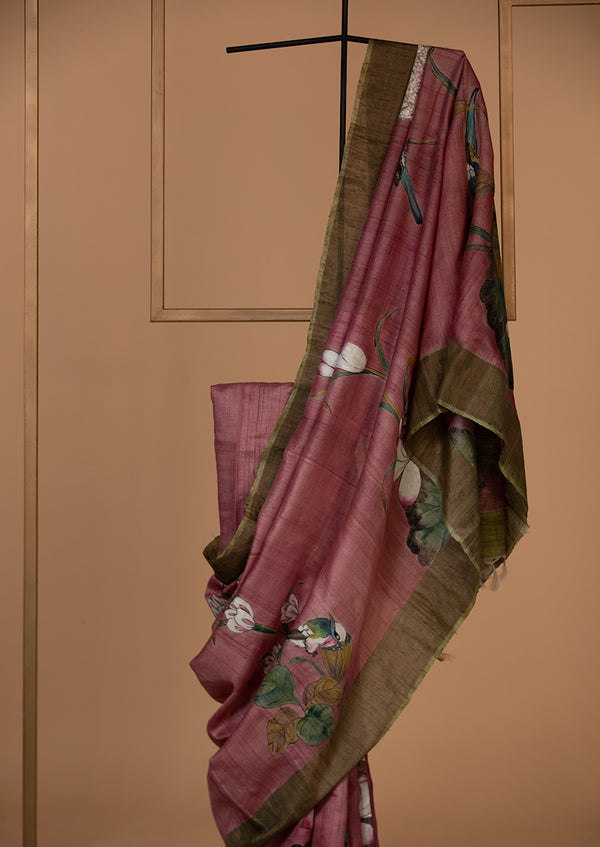 Pink Tassar Handpainted Sari, from our collection Kalam