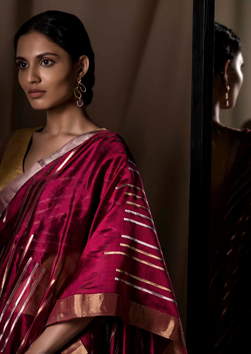 Burgundy Chanderi Silk Sari Jaamdani from the collection Lines