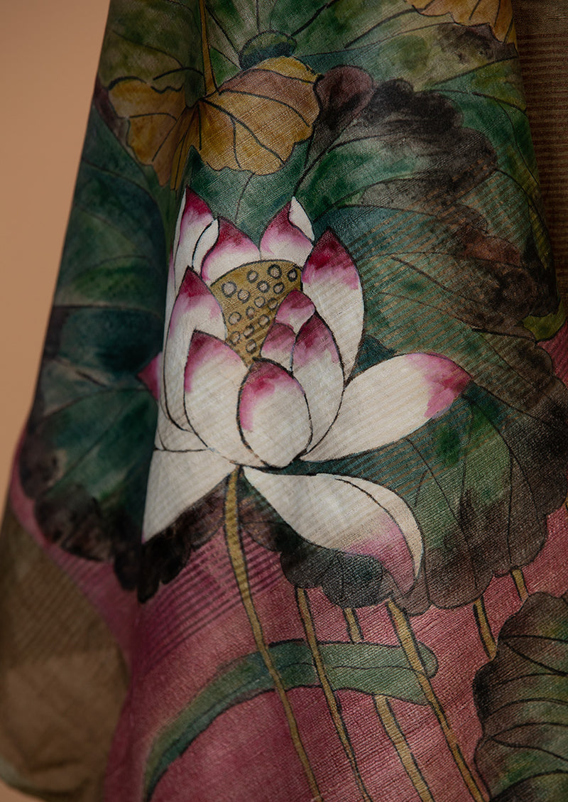 Pink Tassar Handpainted Sari, from our collection Kalam