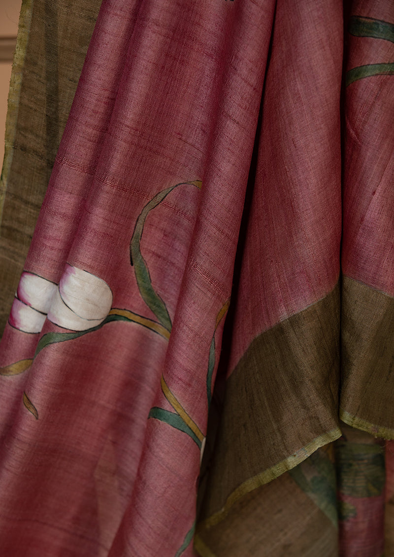Pink Tassar Handpainted Sari, from our collection Kalam