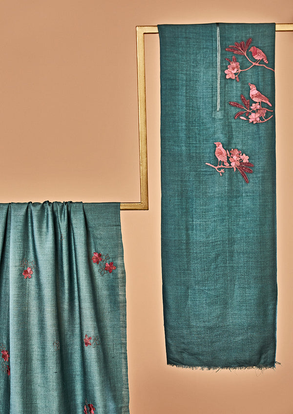 Teal Blue Moonga Silk Unstitched Suit Set with Hand Embroidery