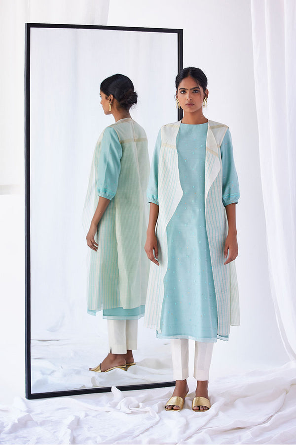 Blue-Sea Green Chanderi Suit Set, Print & Embroidery from our collection Lakeerein