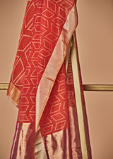 Fuschia Silk Unstitched Suit Set with Chanderi Jaamdani Dupatta