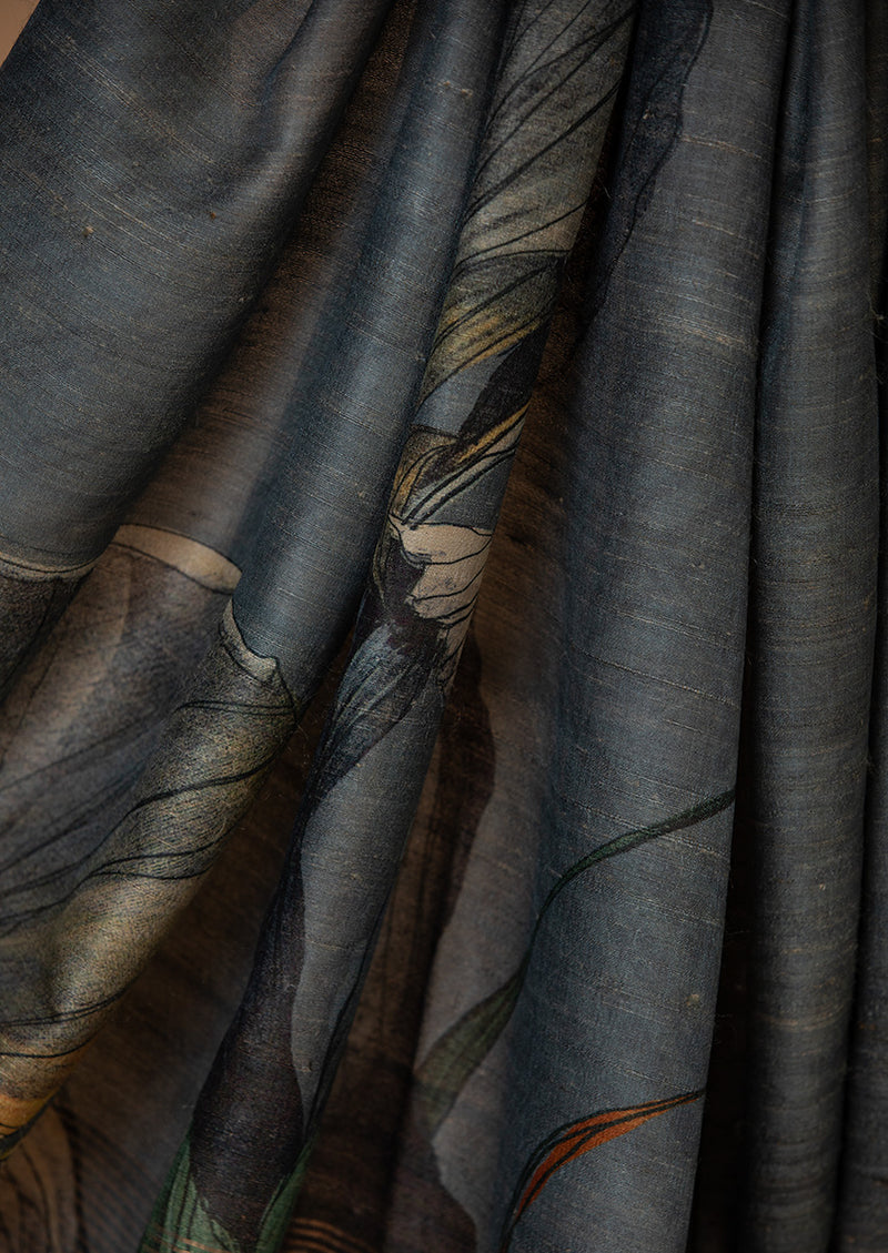 Grey Tassar Silk Printed Sari
