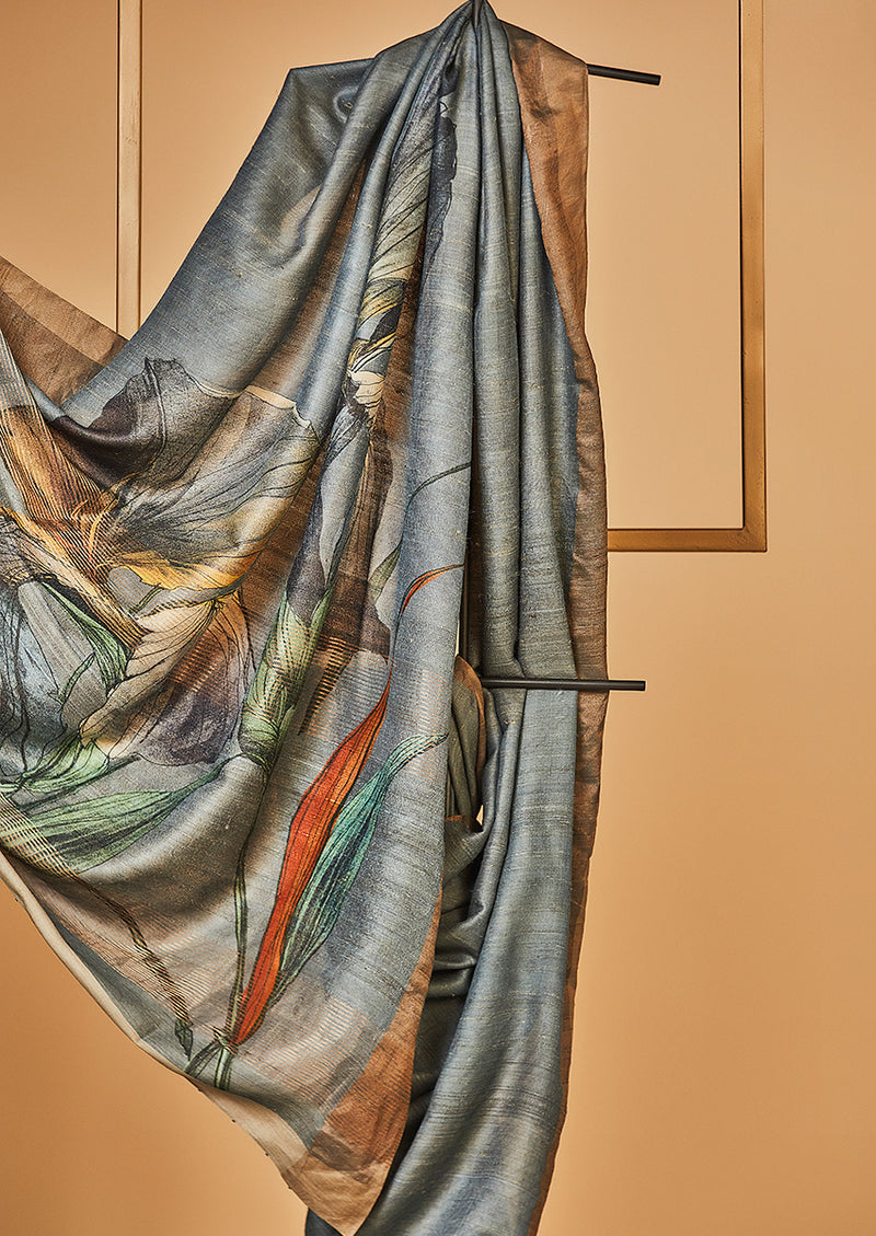 Grey Tassar Silk Printed Sari
