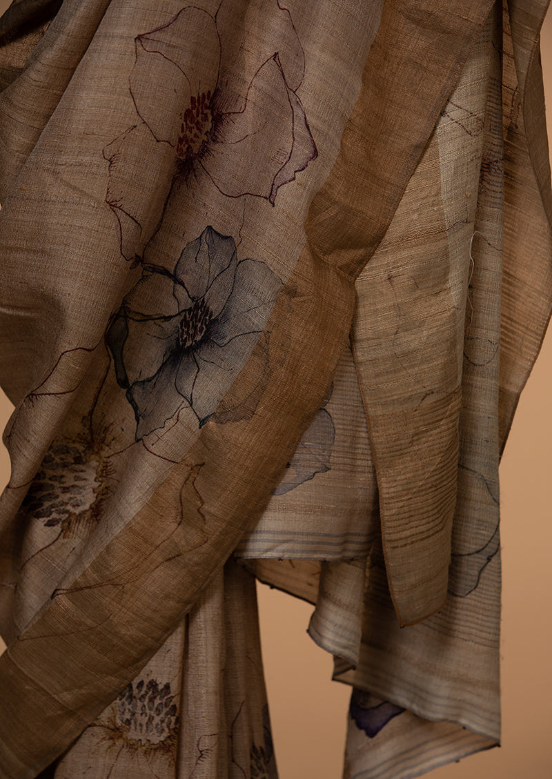 Natural Tassar Silk Printed Sari
