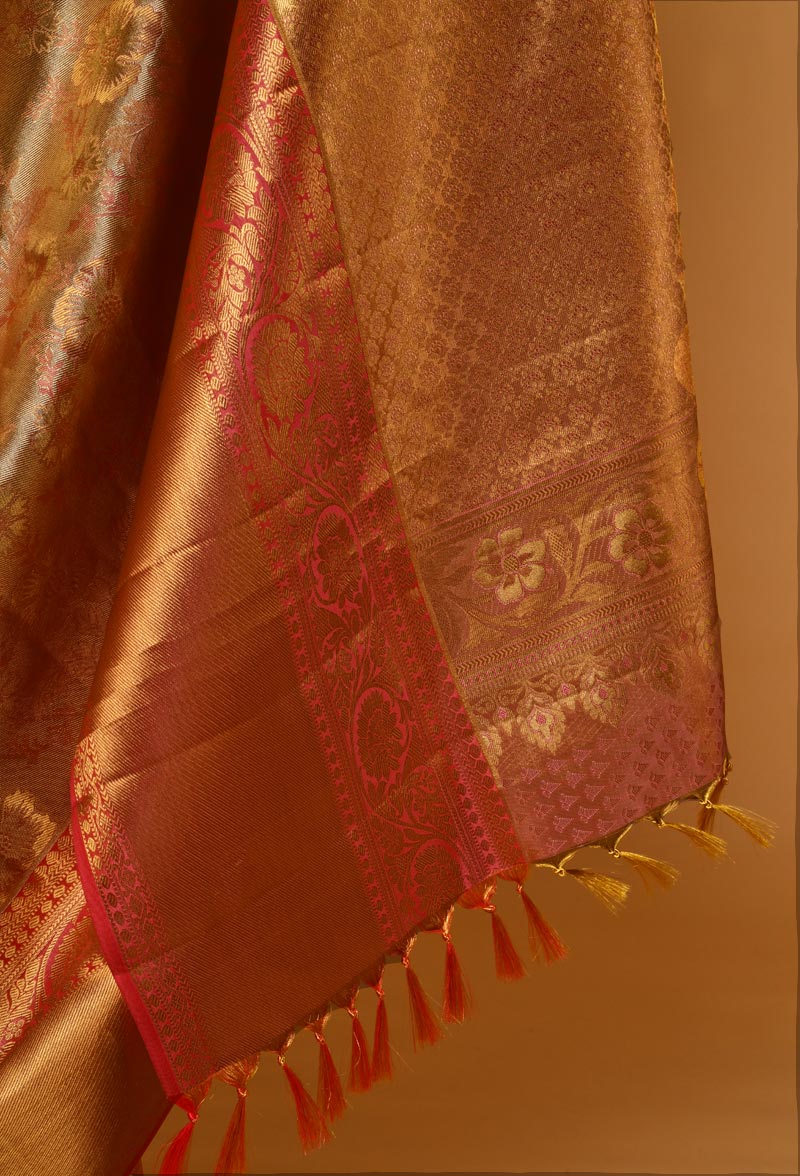 Pink -Orange Silk Kanjeevaram Sari