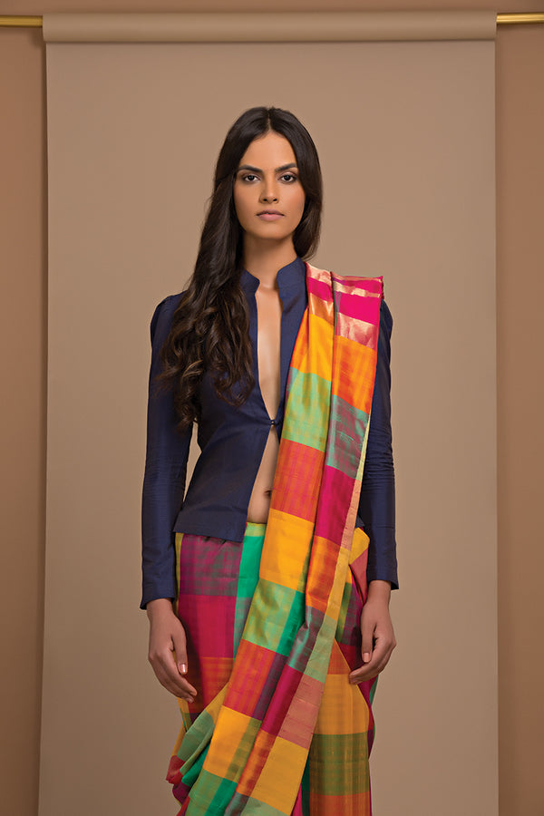 Dupion Silk Multi Checks Kanjeevaram Sari