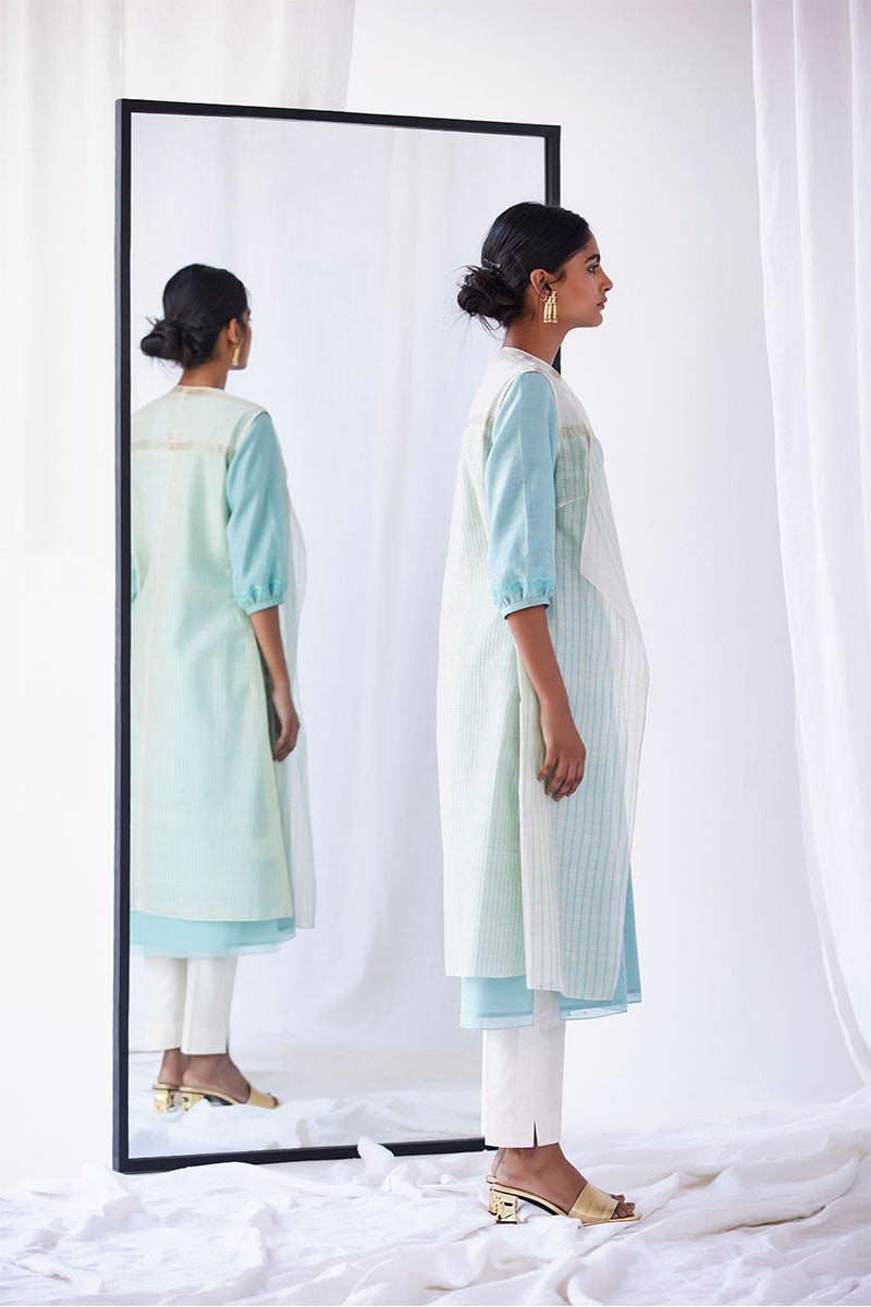 Blue-Sea Green Chanderi Suit Set, Print & Embroidery from our collection Lakeerein