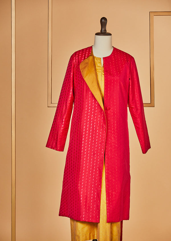 Silk Embroidered Raani Pink Jacket with Mustard Kurta and Pants