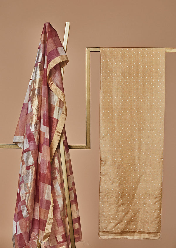 Beige Banarasi Silk Unstitched  Suit set