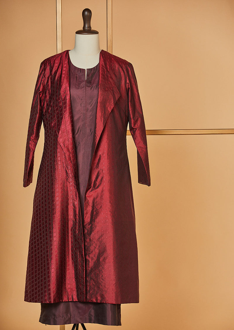 Silk Embroidered Wine Jacket with Kurta and Pants