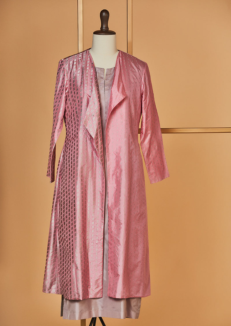 Silk Embroidered Pink Jacket with Lavender Kurta and Pants
