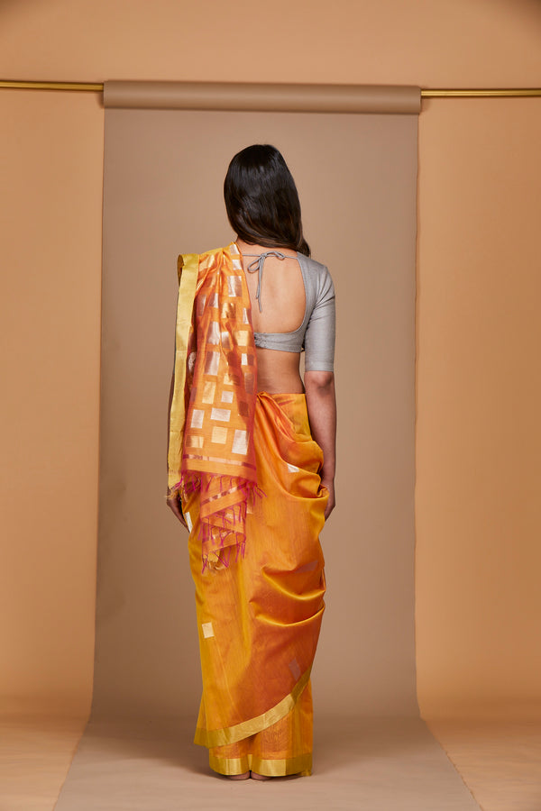 Mustard-Orange Chanderi Jaamdani Sari