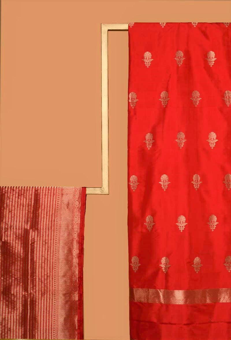 Red Banarasi Silk Unstitched  Suit set