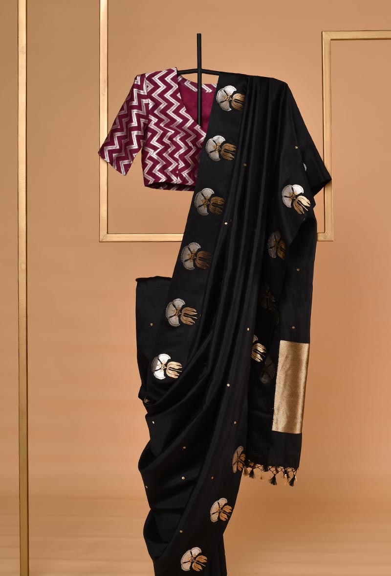 Black Banarasi Silk Jaamdani Sari