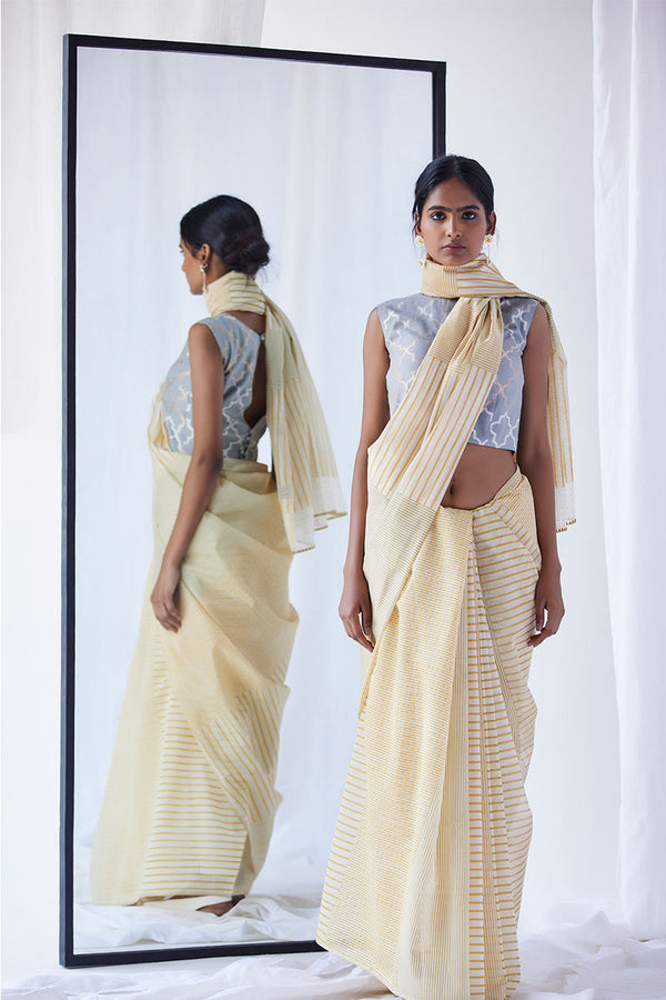 Mustard - Olive  Chanderi Cotton Sari Block Printed from our collection "Lakeerein"