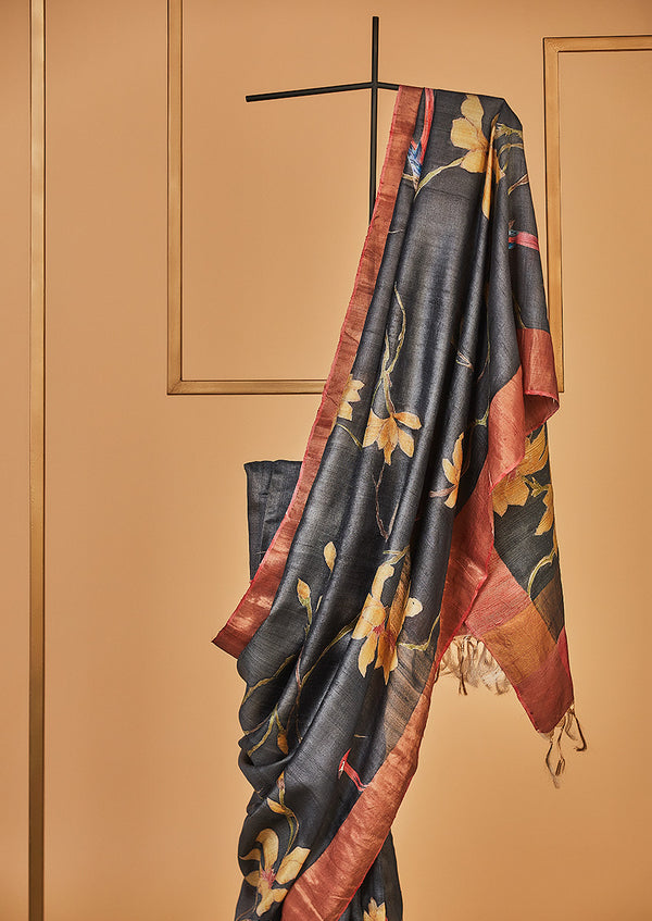Dark Grey Tassar Handpainted Sari, from our collection Kalam
