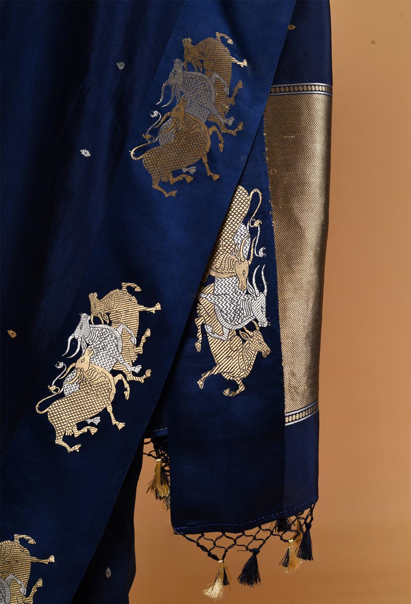 Navy Blue Banarasi Silk Sari