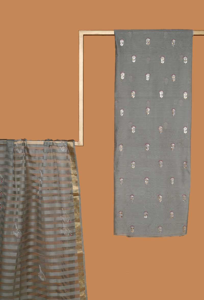 Grey Chanderi Cotton, Gota Patti Unstitched Suit set