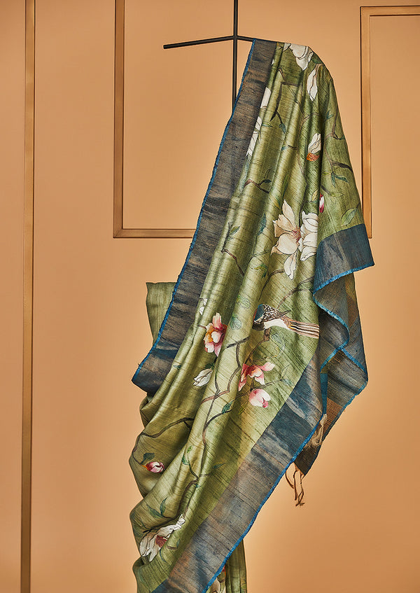 Olive Green Tassar Handpainted Sari, from our collection Kalam
