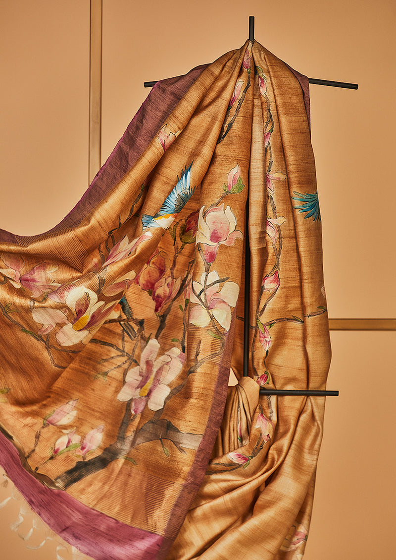 Light Brown Tassar Handpainted Sari, from our collection Kalam