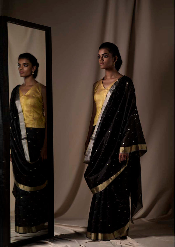 Black Chanderi Silk Jaamdani Sari from our collection Lines