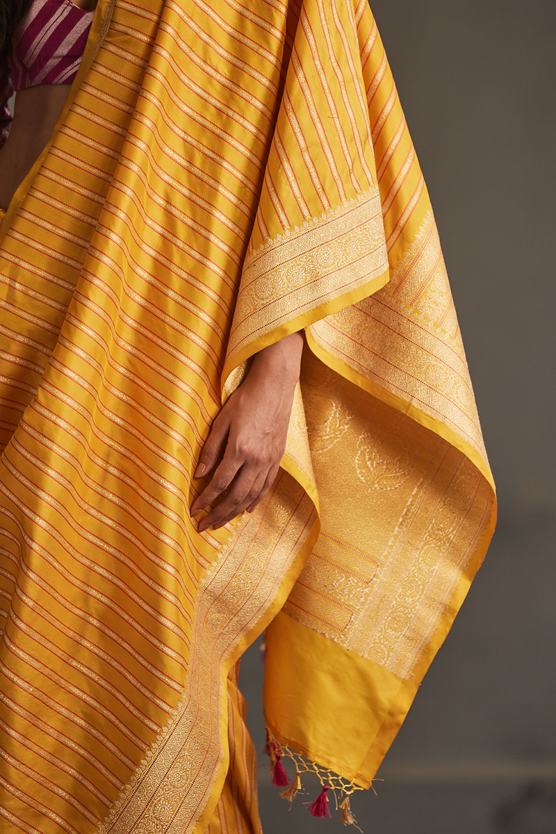 Canary Yellow Silk Banarasi Sari
