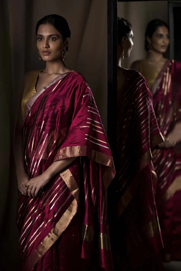 Burgundy Chanderi Silk Sari Jaamdani from the collection Lines