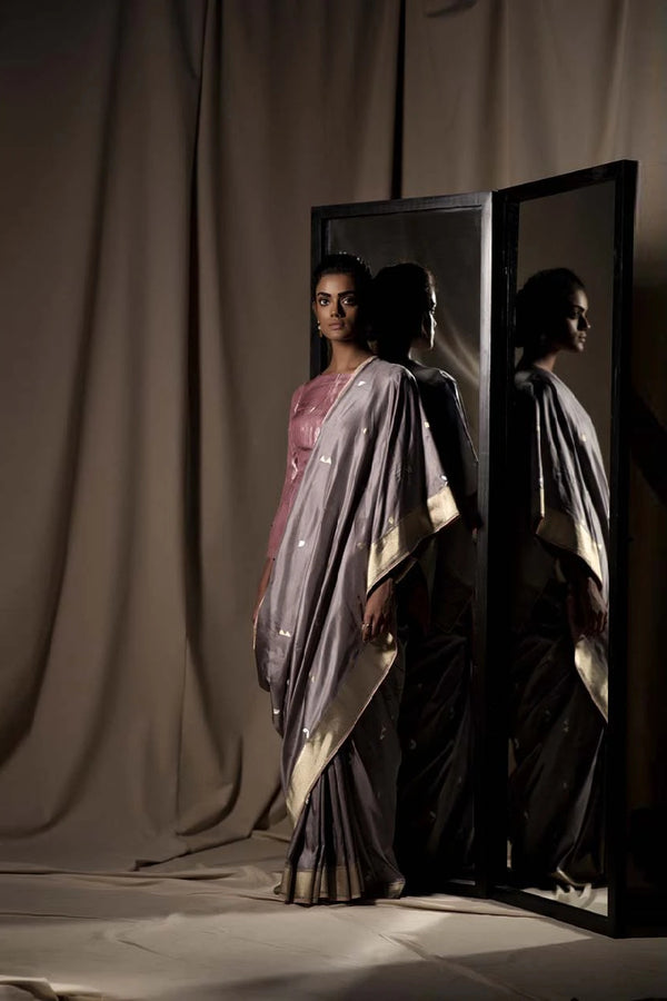 Grey Banarasi Silk Sari  from our Origami collection