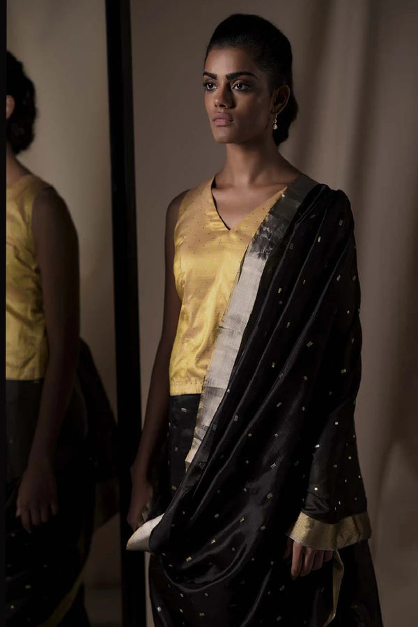Black Chanderi Silk Jaamdani Sari from our collection Lines