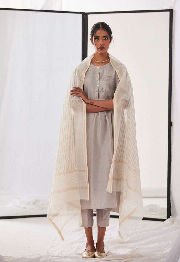 Grey Chanderi Suit Set, Print & Embroidery from our collection Lakeerein