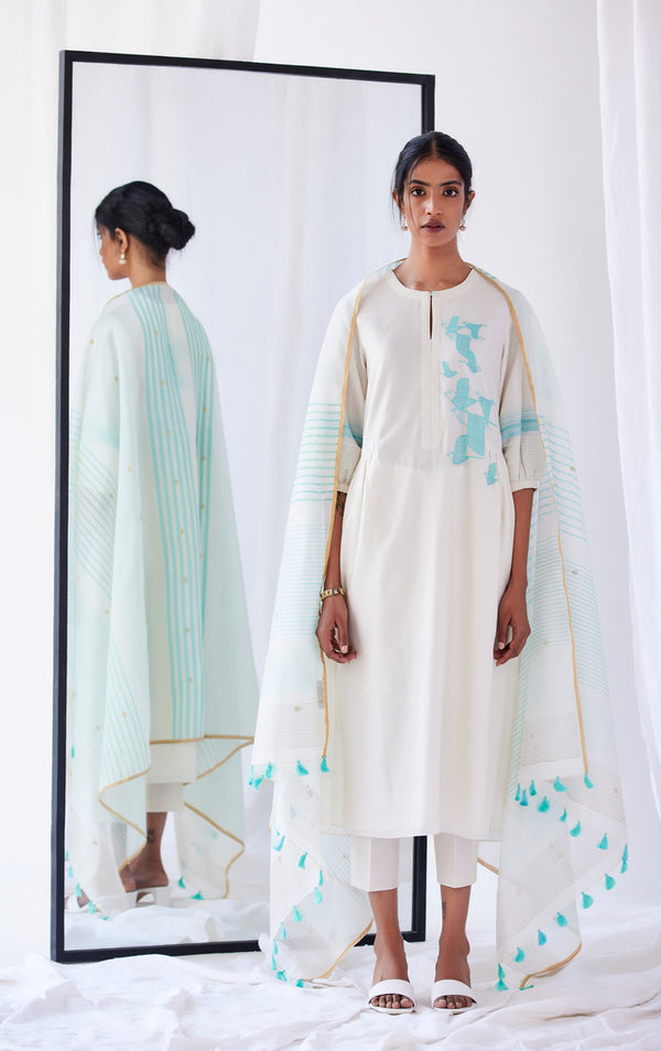 Aqua Blue Chanderi Suit Set, Print & Embroidery from our collection Lakeerein