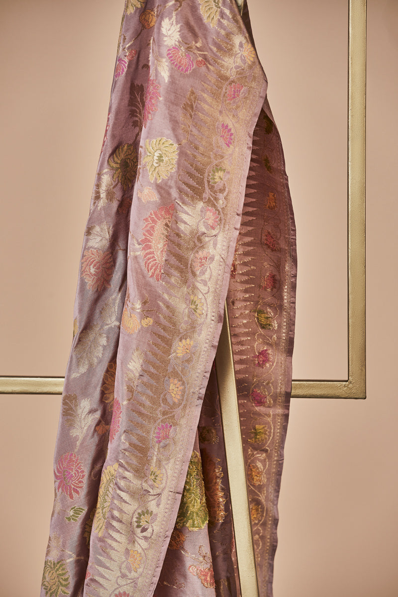 Mauve Banarsi Silk Unstitched  Suit set