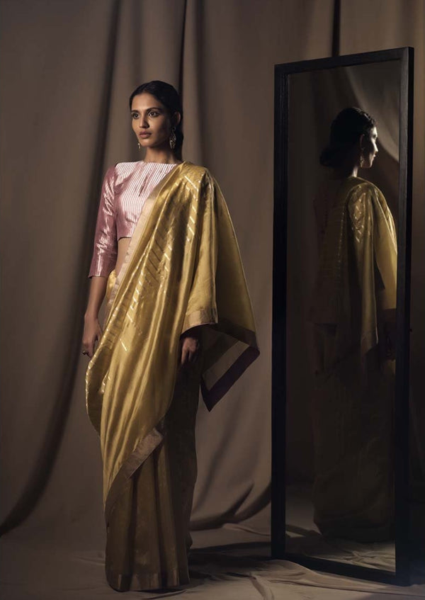 Yellow Chanderi Jaamdani  Silk Sari